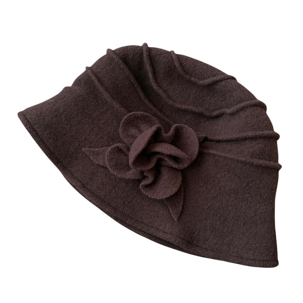 Vintage Style 100% Wool Cloche Hat Brown Flower Accent Art Flapper Hat Whimsical - Picture 5 of 8